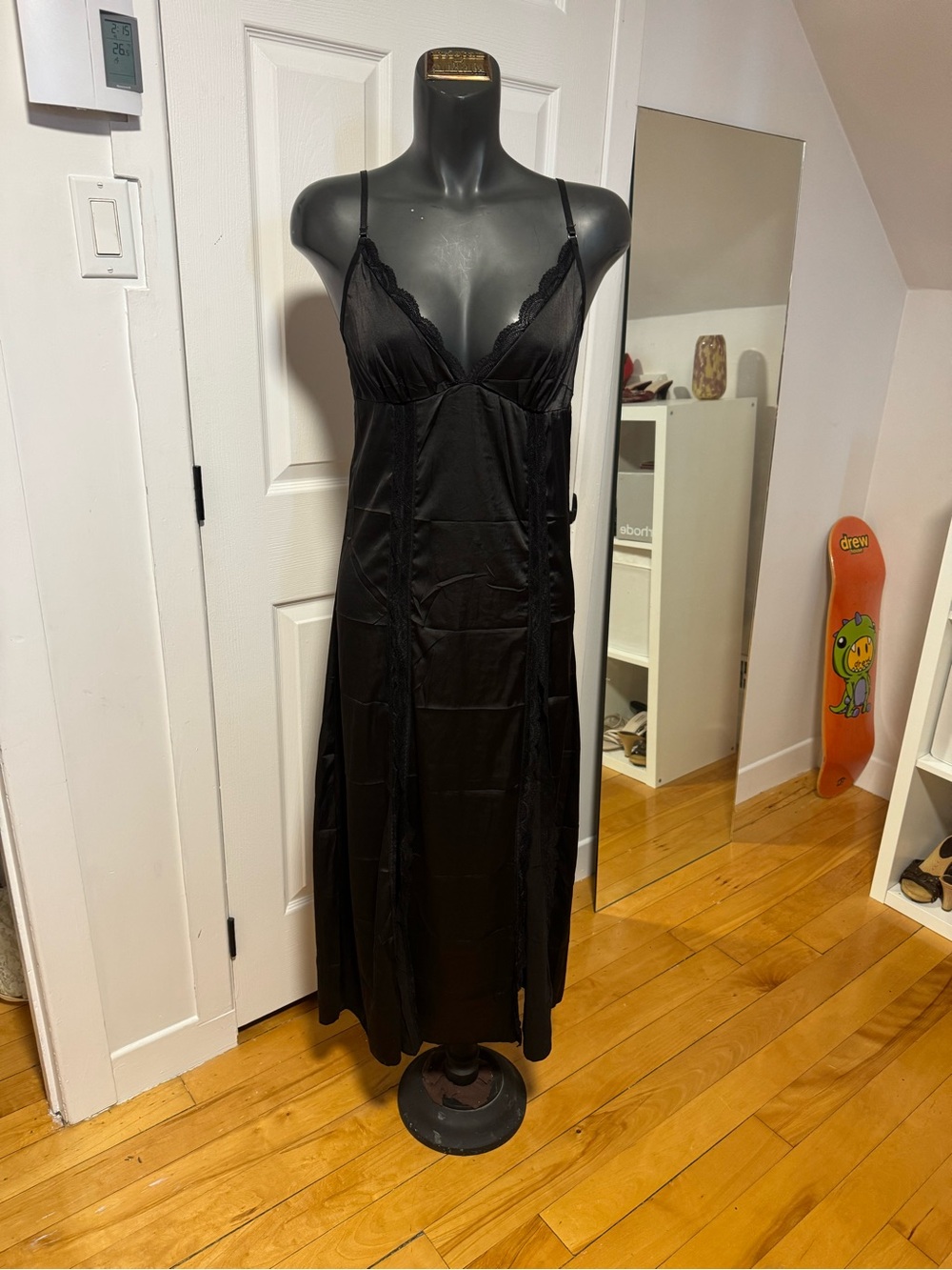 Black Satin Lace-Trim Slip Dress